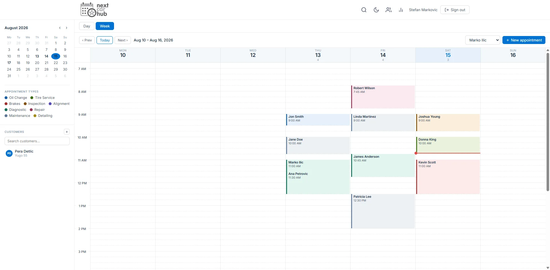 NextCarHub week view showing appointments across Monday to Sunday for a selected technician